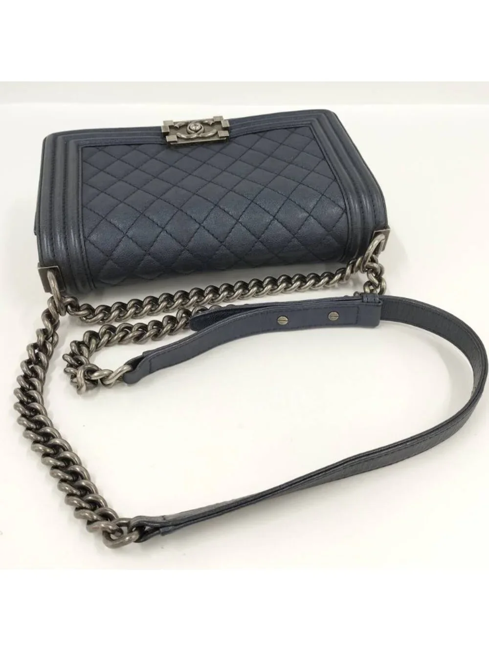 Chanel Boy Chain Shoulder Bag Leather Navy